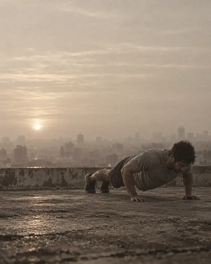 A person mid push-up on a concrete rooftop at dawn.