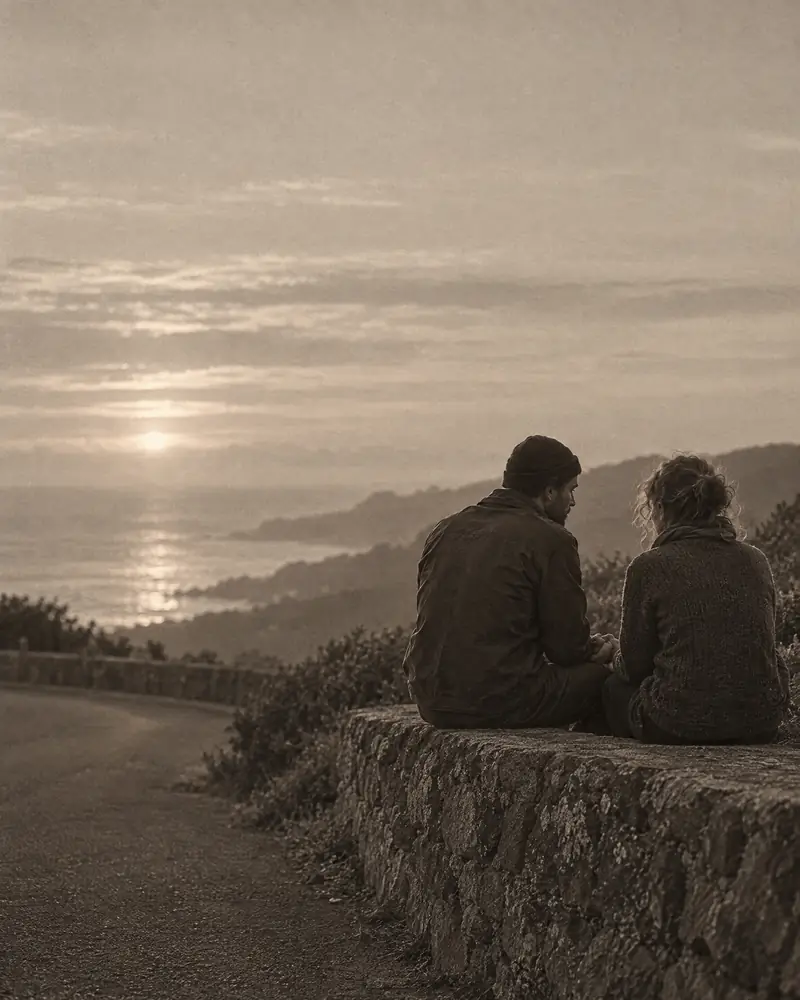 Two people sitting on a low wall at dusk, talking.