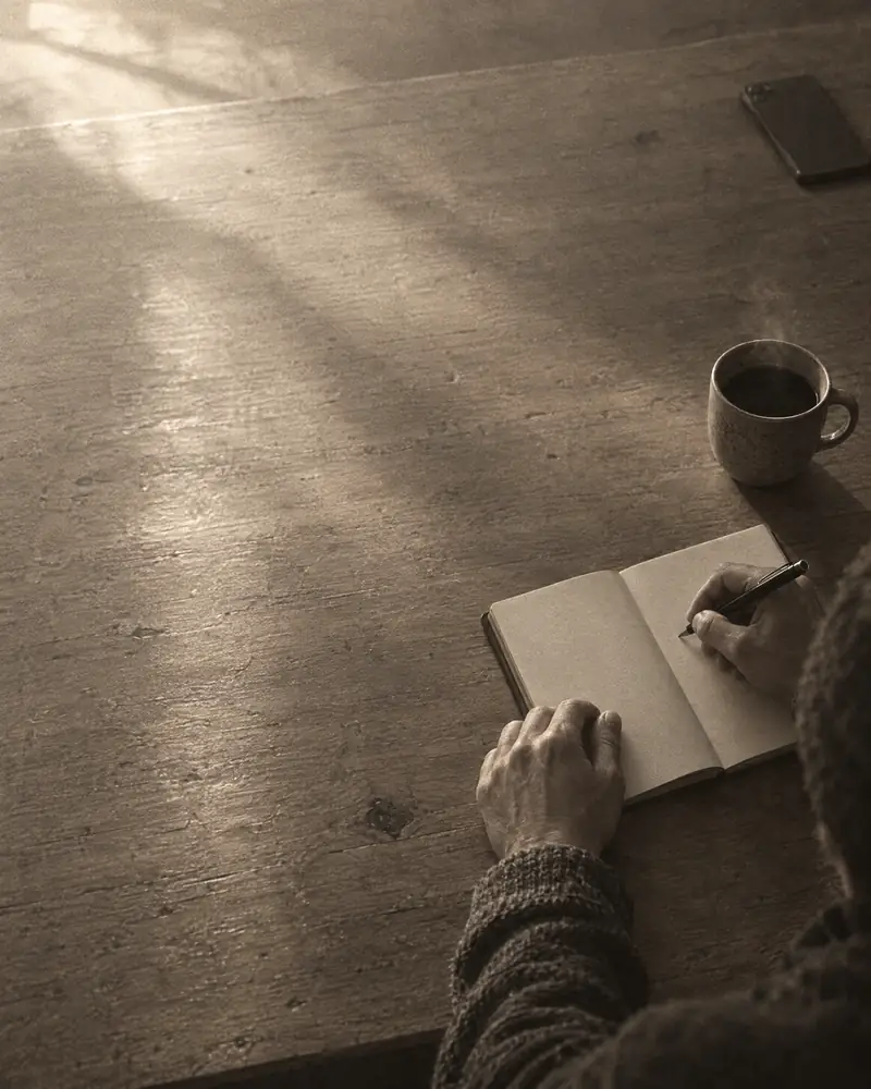 Hands writing in a notebook with a phone turned face down on the table.
