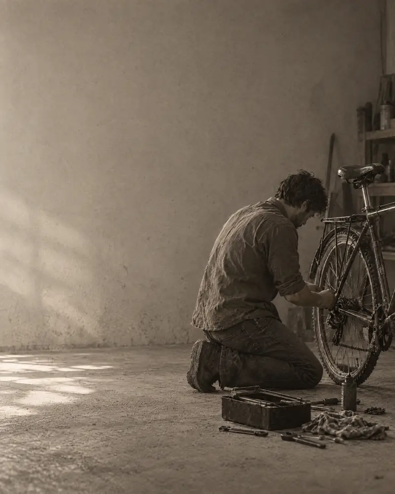 A person kneeling on a garage floor repairing an old bicycle.