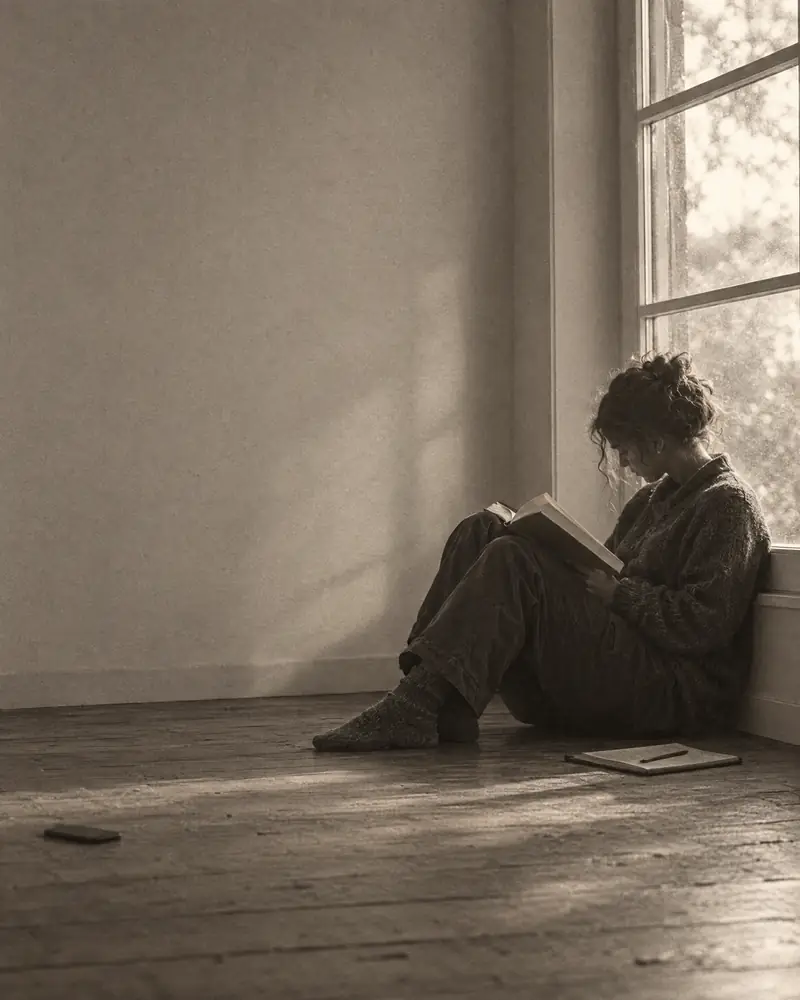 A person reading a thick book on the floor by a tall window.