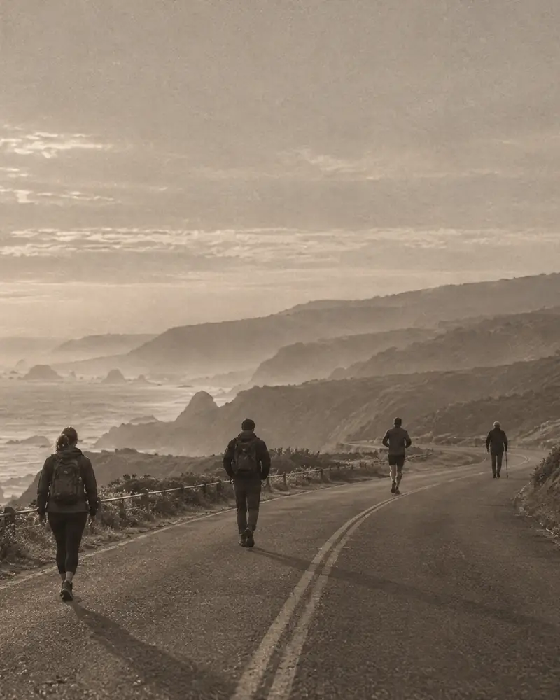 People walking along a coastal road at sunrise.