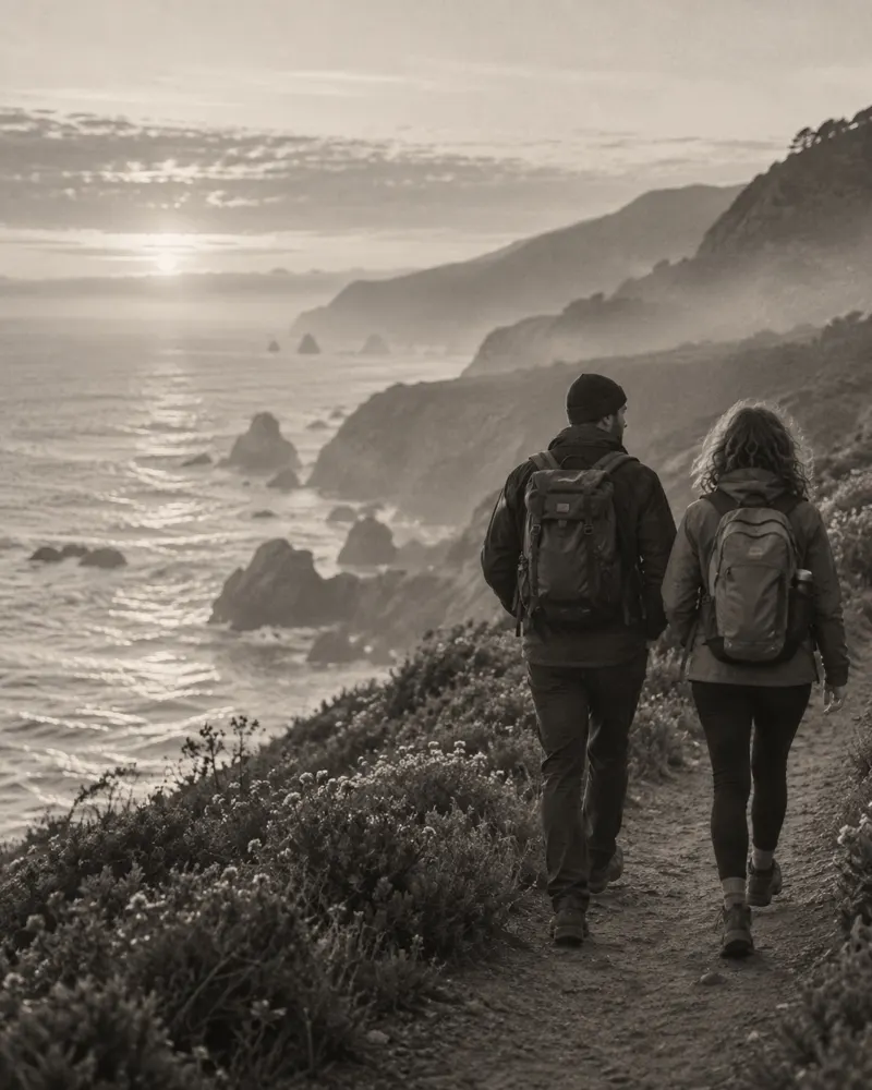 Two friends looking out over the ocean on a coastal walk.